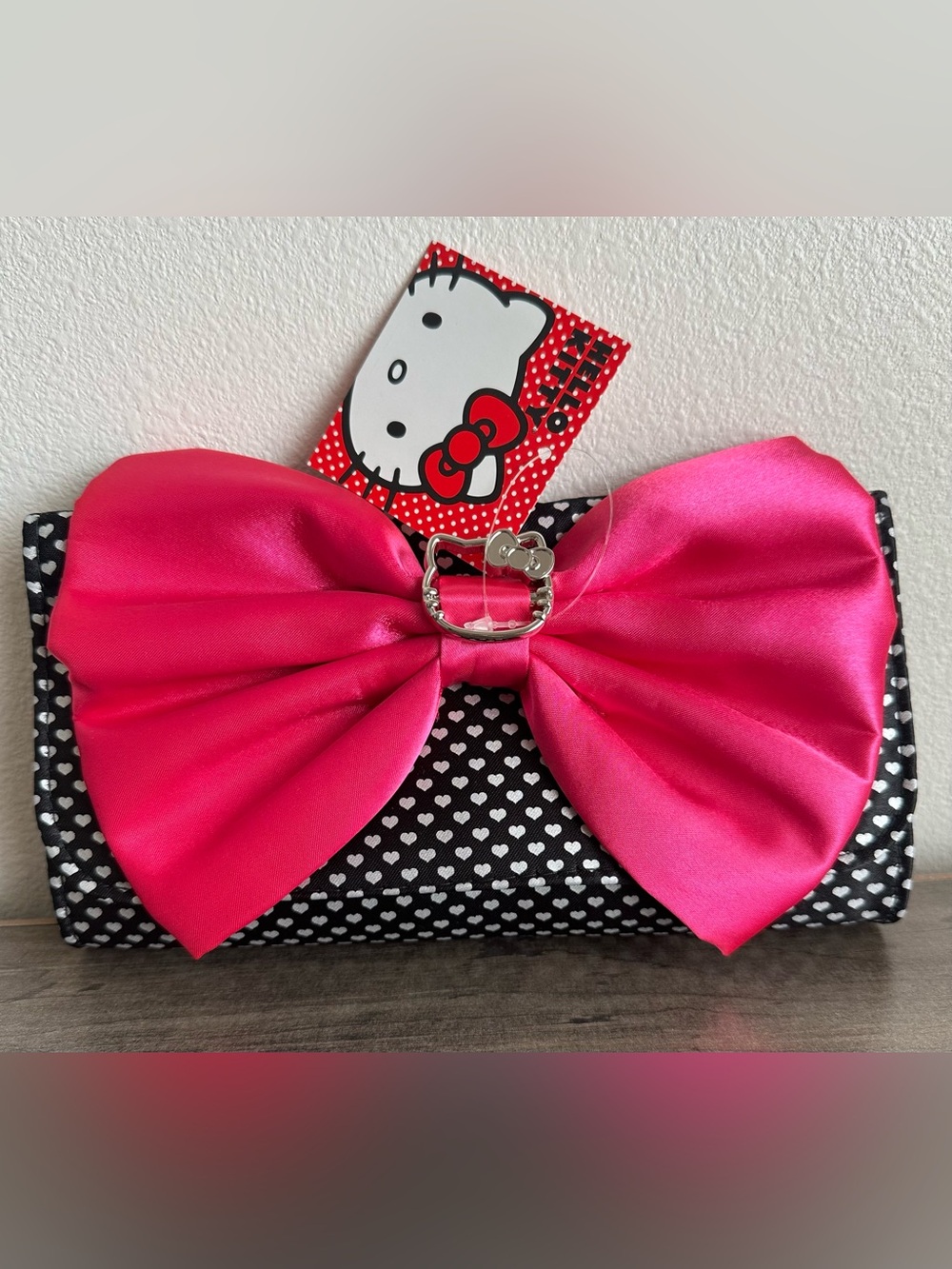 Hello Kitty Black and Hot Pink Heart Pattern Cosmetic Bag